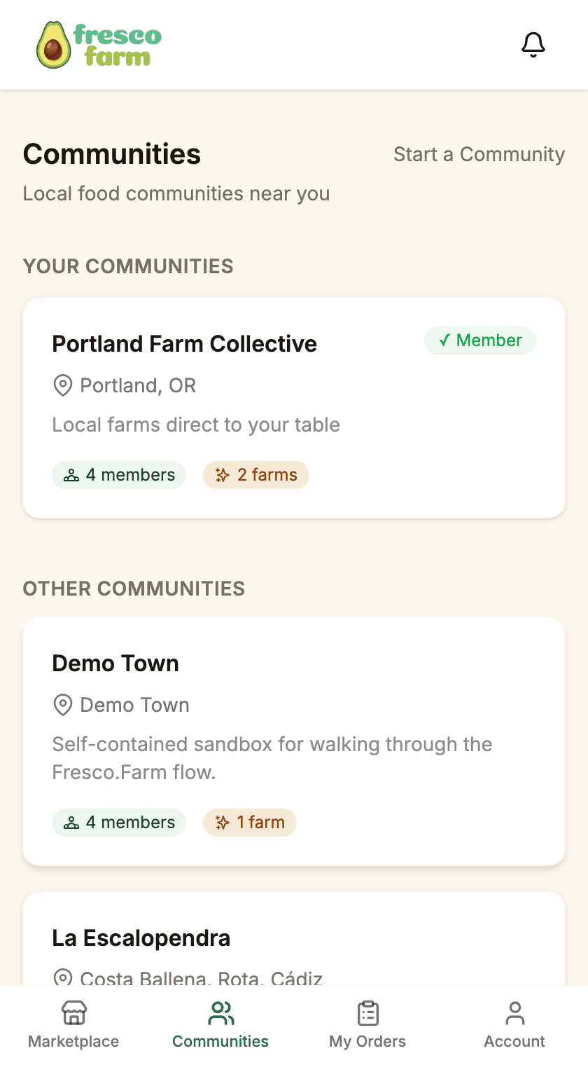 Fresco.Farm app showing nearby food communities to join